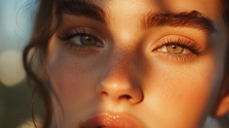 This stunning close-up features a freckled face illuminated by soft sunlight, highlighting the natural beauty and depth of the eyes for a captivating effect.の素材