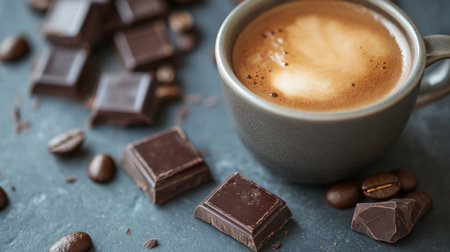 A cozy composition featuring a cup of coffee next to delicious chocolate pieces. This image captures the warmth and indulgence of a perfect snack time or brunch setting.の素材