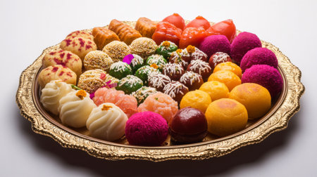 A stunning display of assorted colorful sweets arranged on an ornate platter, perfect for festive celebrations and culinary delights. Ideal for food photography.の素材