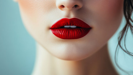 A stunning close-up of lips adorned with bold red lipstick, showcasing vibrant color and smooth texture. Perfect for beauty and cosmetic themes.の素材