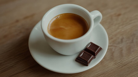 Enjoy a warm cup of coffee paired with rich chocolate on a wooden table. This inviting image evokes comfort and indulgence in everyday moments.の素材