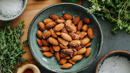 A rustic bowl filled with salted almonds, surrounded by fresh herbs and coarse salt. Perfect for healthy snacking or culinary presentations.の素材