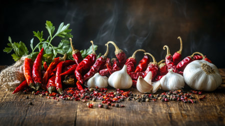 A vibrant composition of fresh chili peppers and garlic on rustic wood, perfect for culinary themes and spice-related concepts. Ideal for food photography.の素材