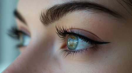 A mesmerizing close-up of striking green eyes adorned with elegant eyeliner. This image captures beauty and emotion, perfect for portrait or fashion themes.の素材