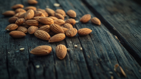 A close-up view of raw almonds scattered on a rustic wooden surface. This image captures the natural texture and earthy tones, perfect for food-related themes.の素材