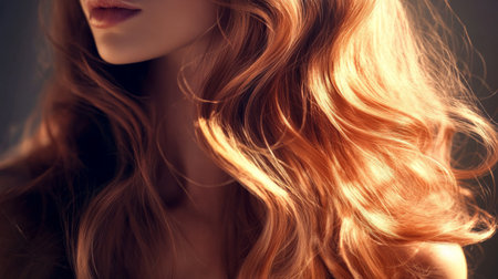 A stunning portrait of a woman showcasing her long, flowing golden hair. The soft light enhances her glowing skin, creating an elegant and captivating look.の素材