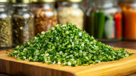 A vibrant pile of freshly chopped green vegetables on a wooden cutting board, perfect for enhancing flavors in various dishes. Ideal for cooking, meal prep, and healthy eating.の素材