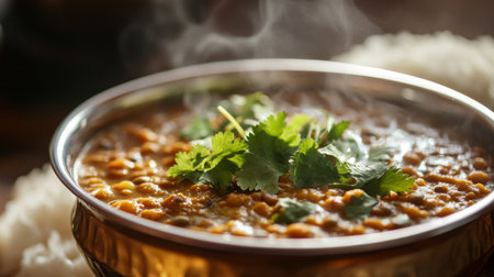 A steaming bowl of aromatic lentil dish garnished with fresh herbs. Perfect for a cozy meal, this vegetarian cuisine showcases vibrant colors and rich flavors.の素材