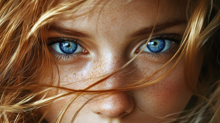 Stunning close-up of a person with striking blue eyes and natural freckles. The image captures mesmerizing detail and vibrant colors, expressing beauty and charm.の素材