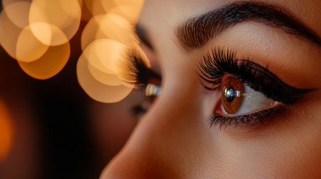A stunning close-up of an eye featuring beautiful lashes and a bokeh background. The intricate details and warm tones create an inviting atmosphere perfect for beauty themes.の素材