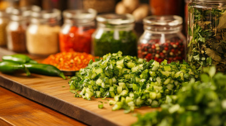 A vibrant assortment of freshly chopped vegetables and spices displayed on a wooden cutting board, showcasing the beauty of culinary preparation in a kitchen setting.の素材