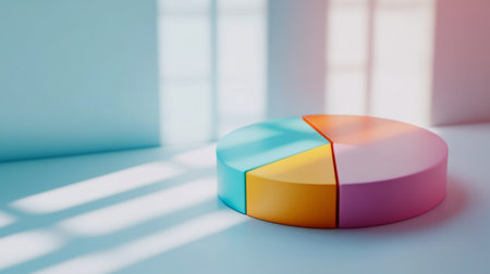 A vibrant pie chart in pastel colors set against a minimalist background, showcasing data visualization in a modern and creative workspace atmosphere.の素材