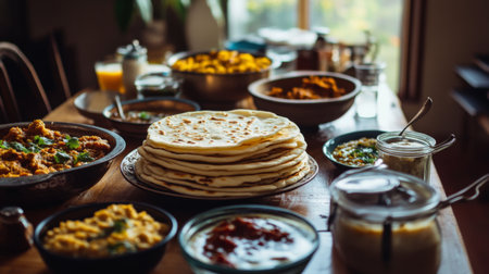 A vibrant display of Indian dishes on a rustic table. Enjoy a variety of flavors including curry, naan, and spices, perfect for a family gathering.の素材