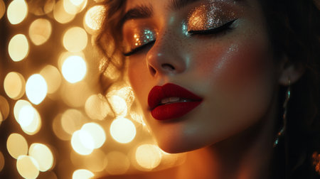 A captivating close-up portrait showcasing glowing skin, sparkling eye makeup, and bold red lips, set against a dreamy bokeh background. Perfect for beauty themes.の素材