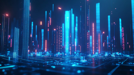 An abstract cityscape illuminated with neon lights and digital elements, creating a vibrant and futuristic atmosphere. Ideal for technology and innovation themes.の素材