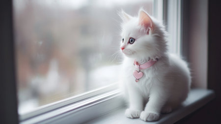 A charming white kitten with a pink collar sits by a window, gazing outside. Its fluffy fur and curious expression capture the essence of innocence and playfulness.の素材