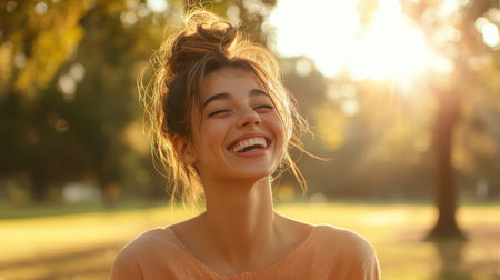 A joyful young woman smiles broadly in a sunlit park, exuding happiness and tranquility. The warm sunlight enhances her carefree spirit and beauty.の素材
