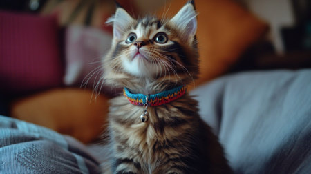 This charming kitten showcases a curious expression with bright eyes and a colorful collar. Perfect for capturing the essence of pet companionship and joy.の素材