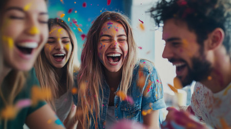 A group of friends enjoying a lively celebration filled with laughter and colorful confetti, capturing joyful moments of connection and happiness together.の素材