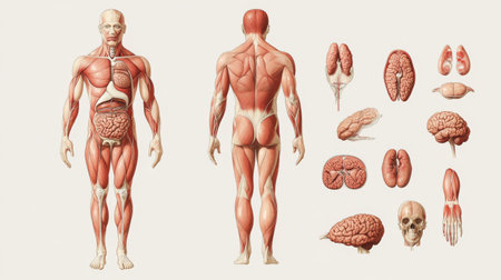 Detailed human anatomy illustration showcasing major organs, muscles, and skeletal structure for educational and medical purposes. Perfect for science and biology.の素材