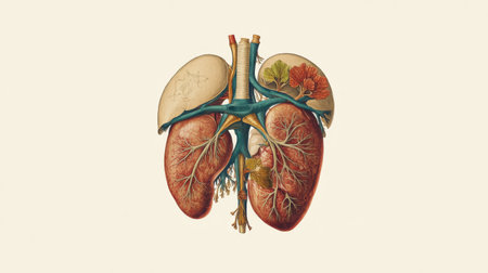 This detailed anatomical illustration showcases human lungs along with floral elements, blending science and nature. Ideal for educational use or artistic projects.の素材