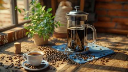 A cozy coffee setup featuring a French press, a cup of freshly brewed coffee, and scattered beans on a rustic wooden table, creating a warm atmosphere.の素材