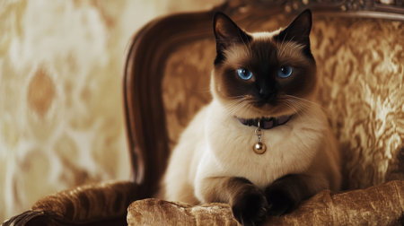 This charming image features a beautiful cat with striking blue eyes relaxing on a vintage chair, capturing a moment of elegance and tranquility. Perfect for pet lovers.の素材