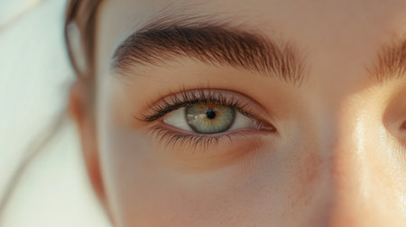 This captivating close-up captures a striking blue eye, showcasing intricate details and a serene gaze. Perfect for beauty and portrait themes.の素材