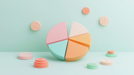 This vibrant pie chart in pastel colors showcases business concepts in a modern design, ideal for marketing and data analysis visualizations.の素材