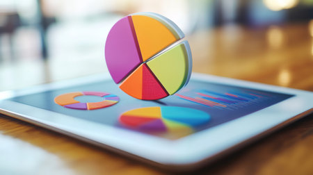Vibrant pie charts displayed on a tablet screen illustrate the concept of data visualization and analytics in a modern business environment.の素材
