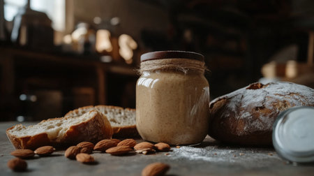 A cozy scene featuring freshly baked bread, creamy almond spread, and scattered almonds on a rustic wooden table, perfect for food lovers.の素材
