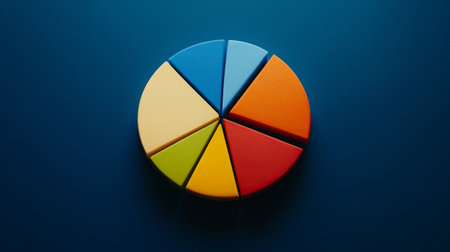 This vibrant pie chart features colorful segments against a deep blue background, showcasing a creative and modern design ideal for data visualization.の素材