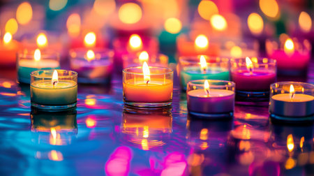 A vibrant collection of colorful candles illuminating a reflective surface, creating a peaceful and serene atmosphere perfect for relaxation or celebration.の素材