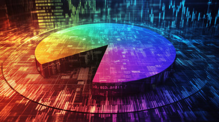Vibrant and colorful pie chart representing data in a digital space. Ideal for business presentations, reports, and visual analytics showcasing growth and trends.の素材