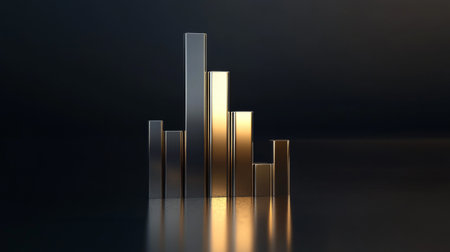 A shiny metallic bar graph stands against a dark backdrop, symbolizing growth and success in business and finance. Perfect for data visualization themes.の素材