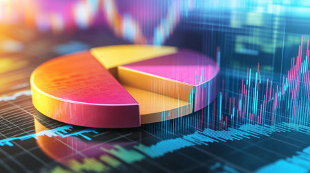 A vibrant pie chart sits atop a digital financial dashboard, representing market trends and data analysis. Perfect for business presentations and reports.の素材