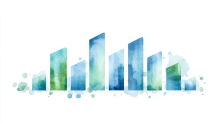 Colorful watercolor bar graph in blue and green tones, ideal for representing data, statistics, and growth in business presentations or reports.の素材