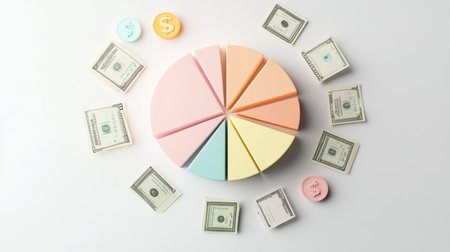 A vibrant pie chart surrounded by dollar bills and coins, representing financial analysis and budget planning. Ideal for finance and business presentations.の素材