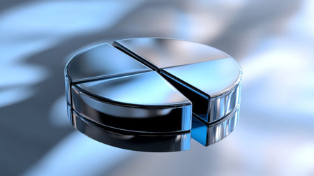 A sleek metallic pie chart design reflecting light, perfect for representing data analysis and business progress in modern presentations and graphics.の素材