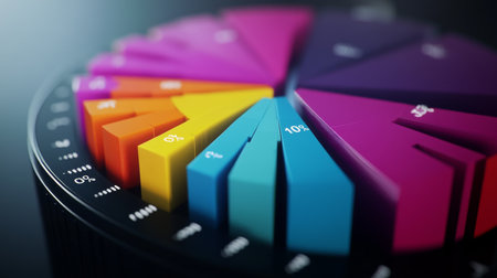 A vibrant pie chart illustrating various data proportions, perfect for presentations and reports. This graphic showcases colorful segments that enhance analytical insights.の素材