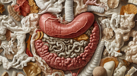 A detailed and artistic illustration of the human digestive system, showcasing various organs and structures in vibrant colors and textures for educational purposes.の素材