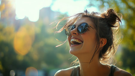 A joyful woman laughs while wearing sunglasses in a sunlit outdoor setting. Her carefree expression captures the essence of happiness and vitality in nature.の素材