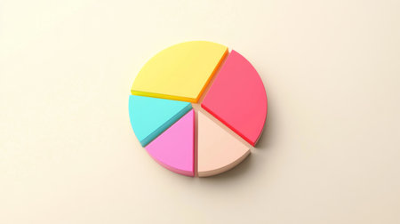 A vibrant and colorful pie chart against a light background, perfect for illustrating data analysis, business presentations, and marketing strategies.の素材