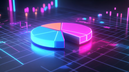 A colorful 3D pie chart illustration with neon colors on a digital background, perfect for representing data analytics and modern technology concepts.の素材