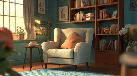 A serene living room scene featuring a cozy armchair, a wooden bookshelf filled with books, and warm lighting creating an inviting atmosphere. Perfect for interior design concepts.の素材