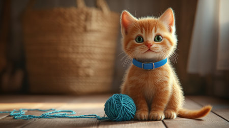 An adorable ginger kitten with bright eyes and a blue collar sits next to a ball of yarn in a cozy indoor setting, radiating warmth and innocence.の素材