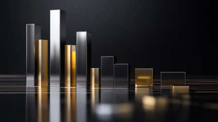 A modern metallic bar graph showcasing reflective silver and gold bars. This stylish design represents growth and analysis in finance or business contexts.の素材