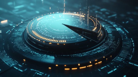 This image features a futuristic digital interface showcasing geometric shapes and vibrant neon lights, representing advanced technology and data visualization.の素材