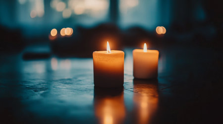 Two lit candles emit a warm and soothing glow in a serene environment, creating an inviting and tranquil atmosphere perfect for relaxation and reflection.の素材