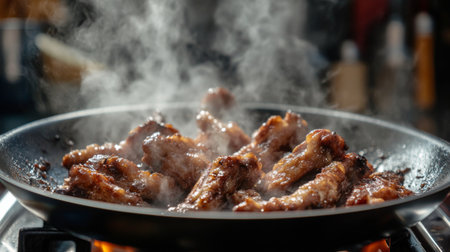 Juicy chicken wings sizzle in a hot frying pan, creating a savory aroma and inviting steam. Perfect for a delicious meal or appetizer.の素材